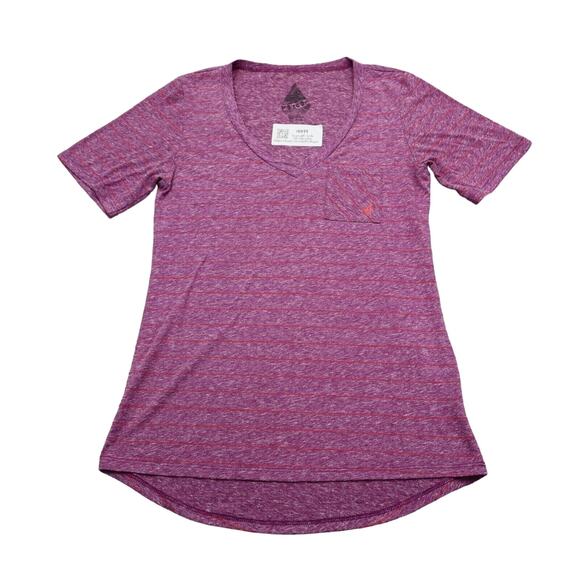 Volcom Shirt Womens XS Purple Pinstriped V Neck Short Sleeve Chest Pocket Tee - Picture 1 of 15